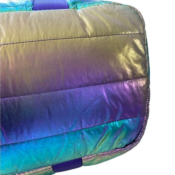 Large Metallic Puffer Tote Weekender w/ Decorative purple Straps - Picture 7 of 16